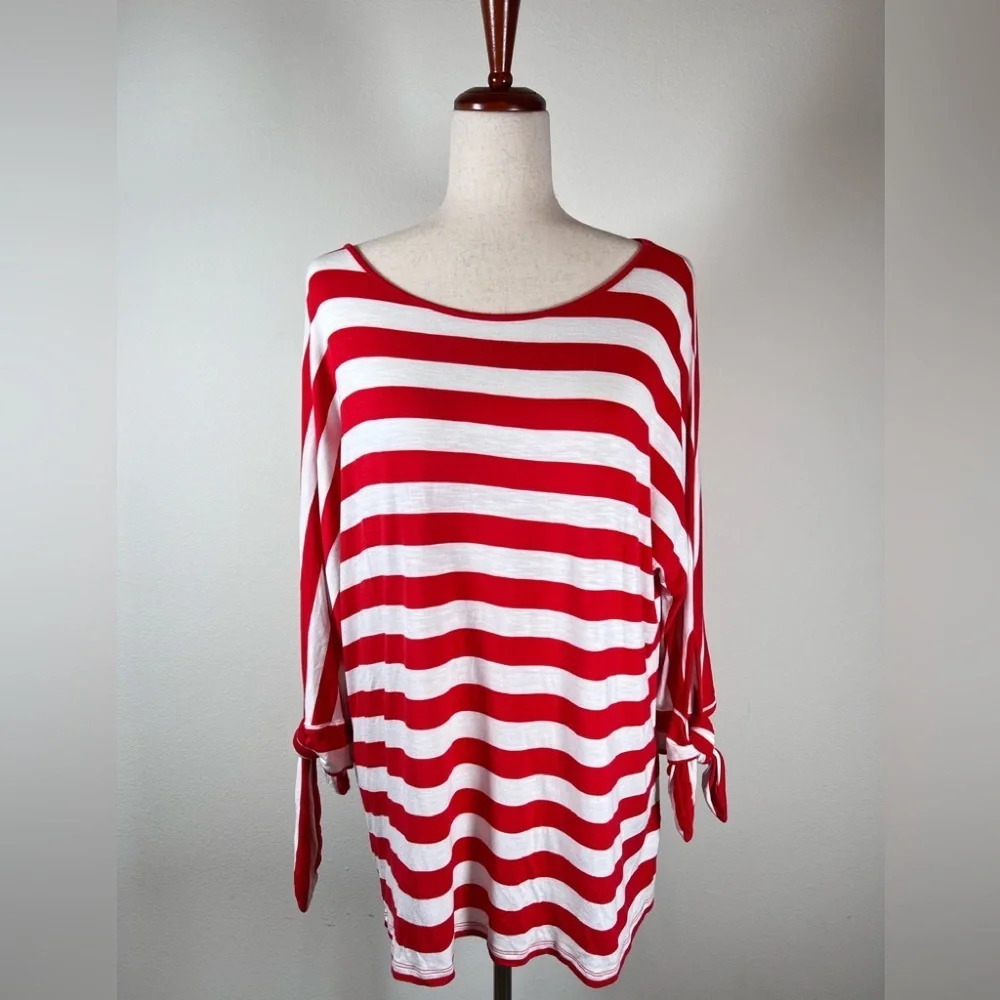 Soft Surroundings Top Large Striped Red White Tie 1/2 Sleeve Round Neck Viscose